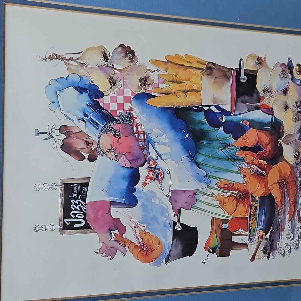 Vintage 1982 Leo Meiersdorff Jazz Brunch Framed Blue Gold Culinary Art Print - Picture 4 of 16